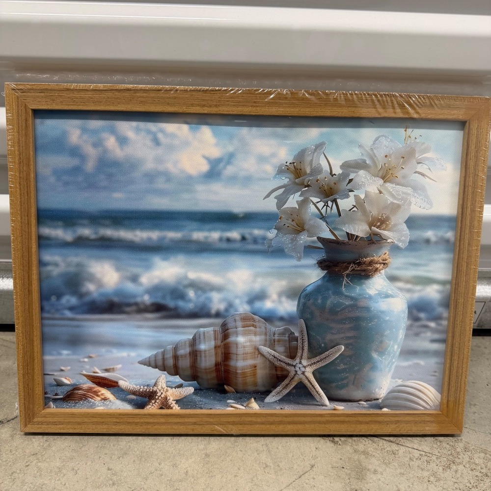 Coastal Beach Scene Framed Wall Art‎ Seashells Starfish Ocean Decor 12x16